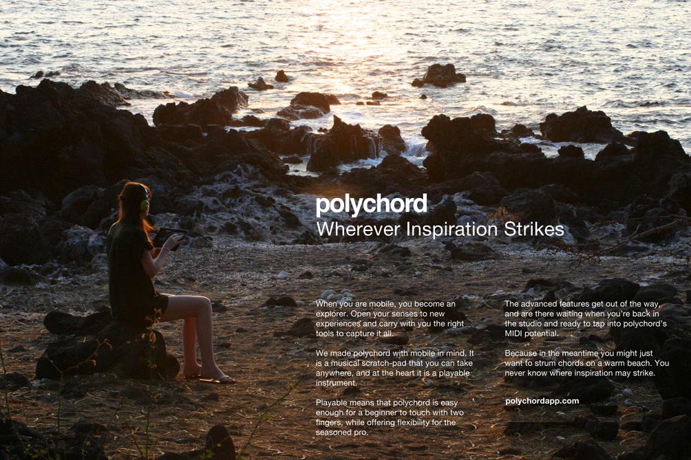 Early Polychord ad: a musician with headphones on a rocky beach at sunset, with the tagline Wherever Inspiration Strikes