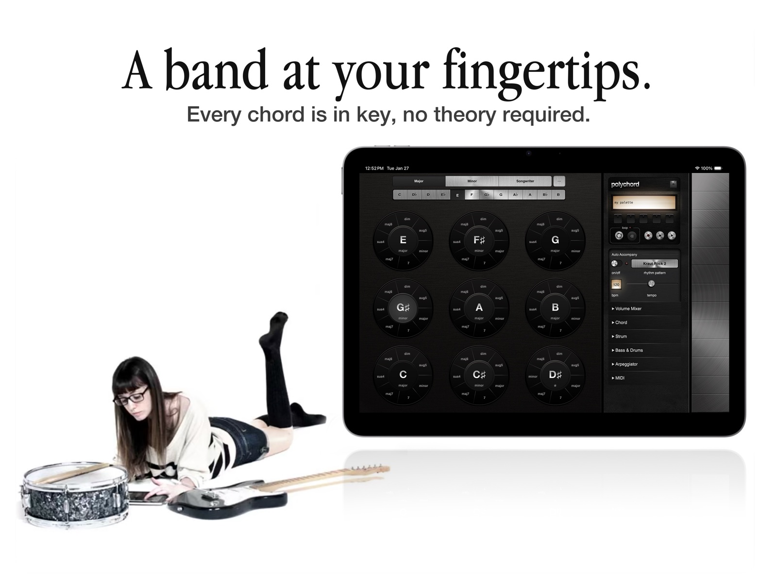 App Store artwork: a musician lying on the floor playing Polychord on an iPad between a snare drum and an electric guitar, captioned A band at your fingertips