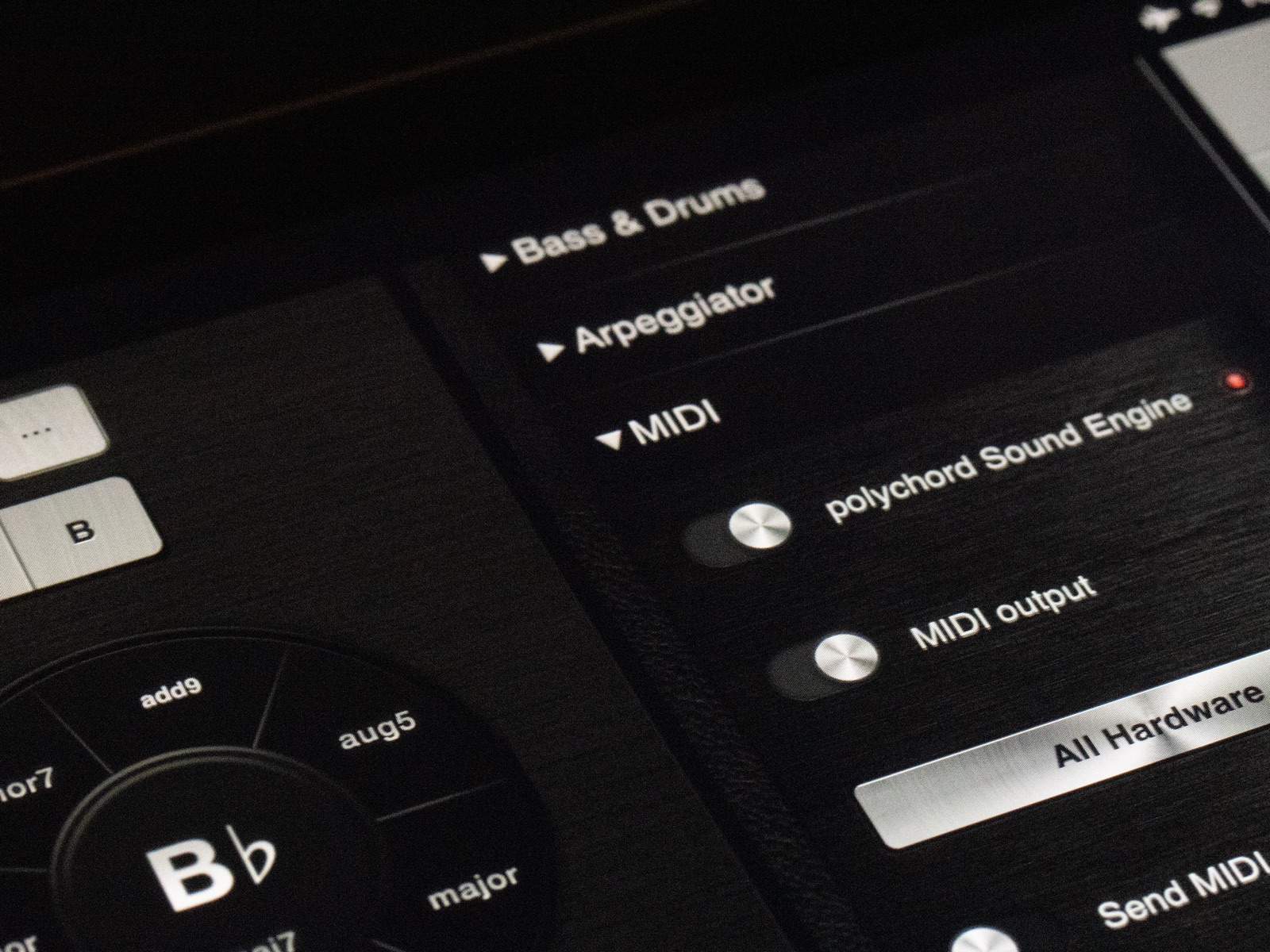 Polychord's MIDI panel: sound engine and MIDI output toggles